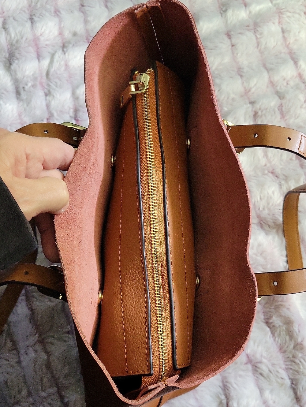 Genuine Leather Tote Bag w/Removable Snap-In Pouch 2-in-1 Minimalist Work Bag - Picture 10 of 17